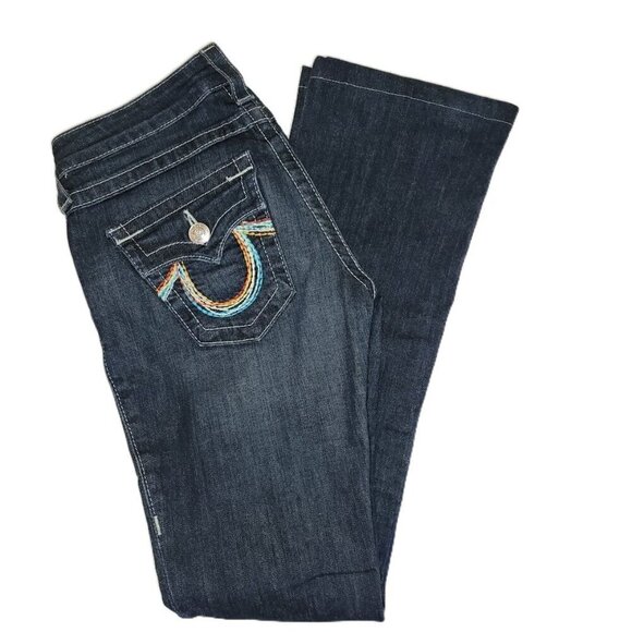 True Religion Boot Cut Blue Denim Jeans Flap Pocket Rainbow Design Women 25 - Picture 1 of 11